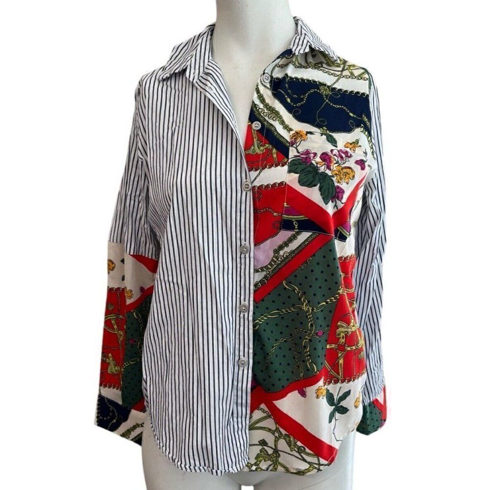 Bonage Spirit of Denim Ladies Small Button Front Shirt Striped Nautical Blouse